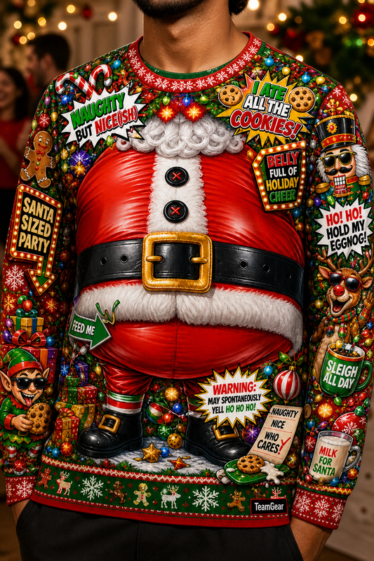 Inflatable Santa Belly Ugly Christmas Sweater — custom christmas team apparel worn on model — TeamGear Canada