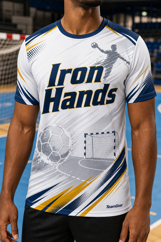 Iron Hands White Handball Jersey — custom handball jersey worn on model — TeamGear Canada
