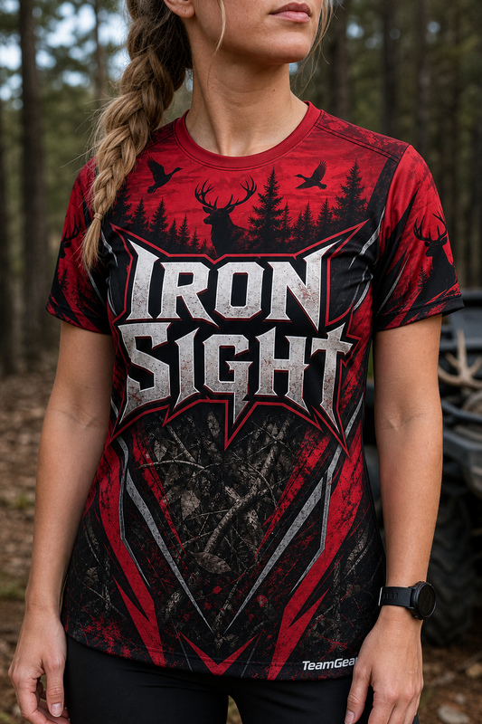 Iron Sight Crimson Hunting Jersey — custom hunting jersey worn on model — TeamGear Canada
