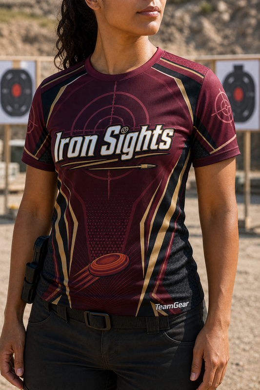 Iron Sights Maroon Shooting Jersey — custom shooting jersey worn on model — TeamGear Canada