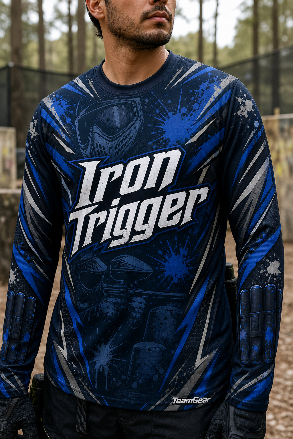 Iron Trigger Navy Long Sleeve Paintball Jersey — custom paintball jersey worn on model — TeamGear Canada