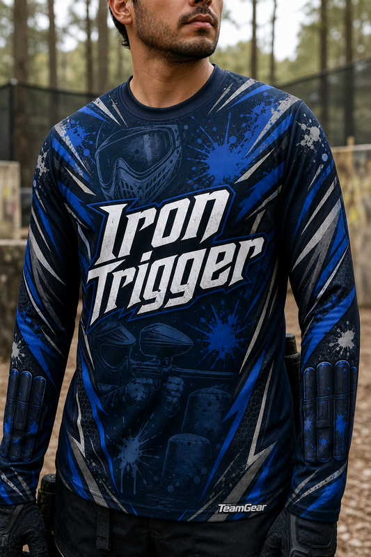 Iron Trigger Navy Long Sleeve Paintball Jersey — custom paintball jersey worn on model — TeamGear Canada