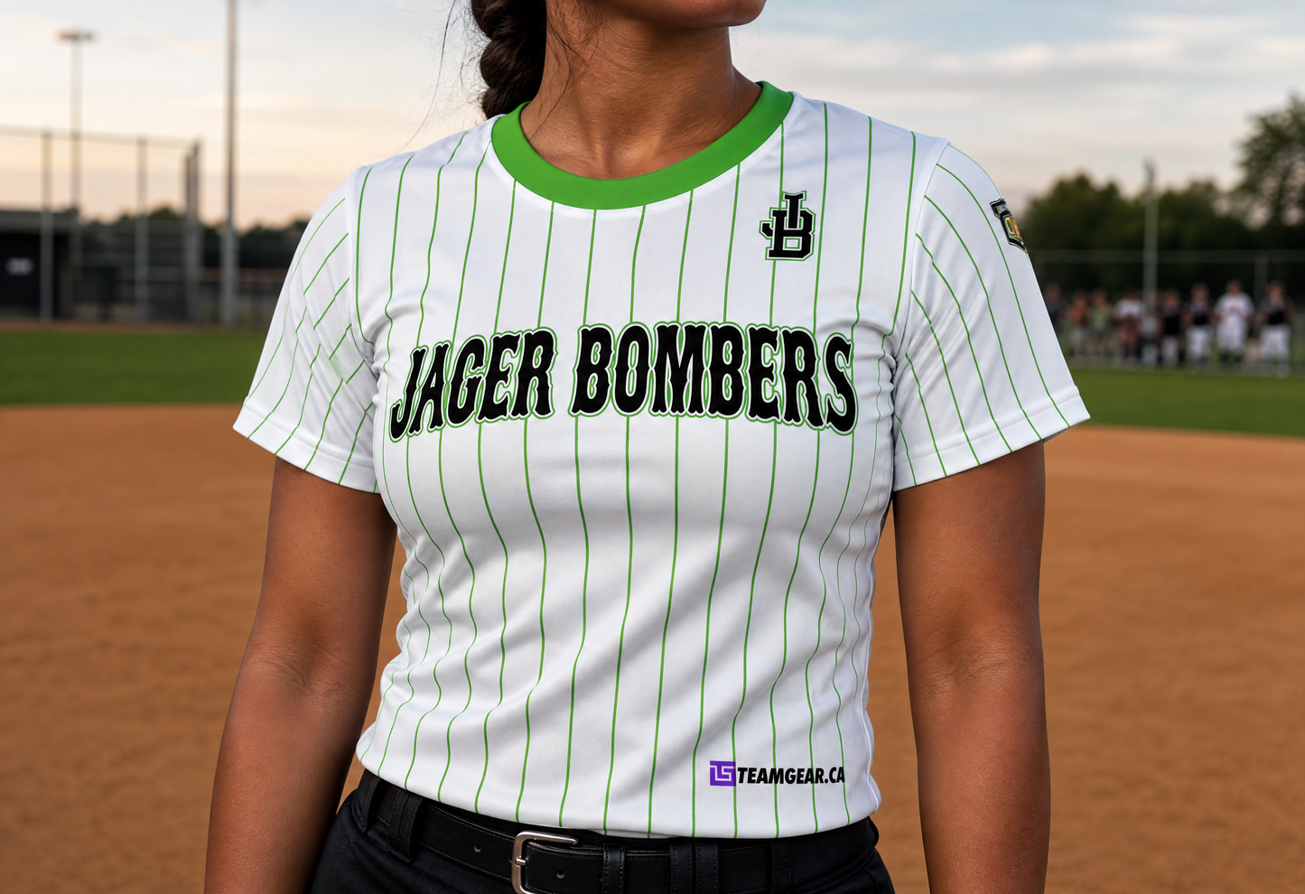 Jager Bombers Pinstripe Softball Jersey — custom softball jersey worn on model — TeamGear Canada