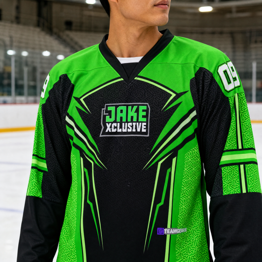 JakeXclusive Hockey Jersey — custom hockey jersey worn on model — TeamGear Canada