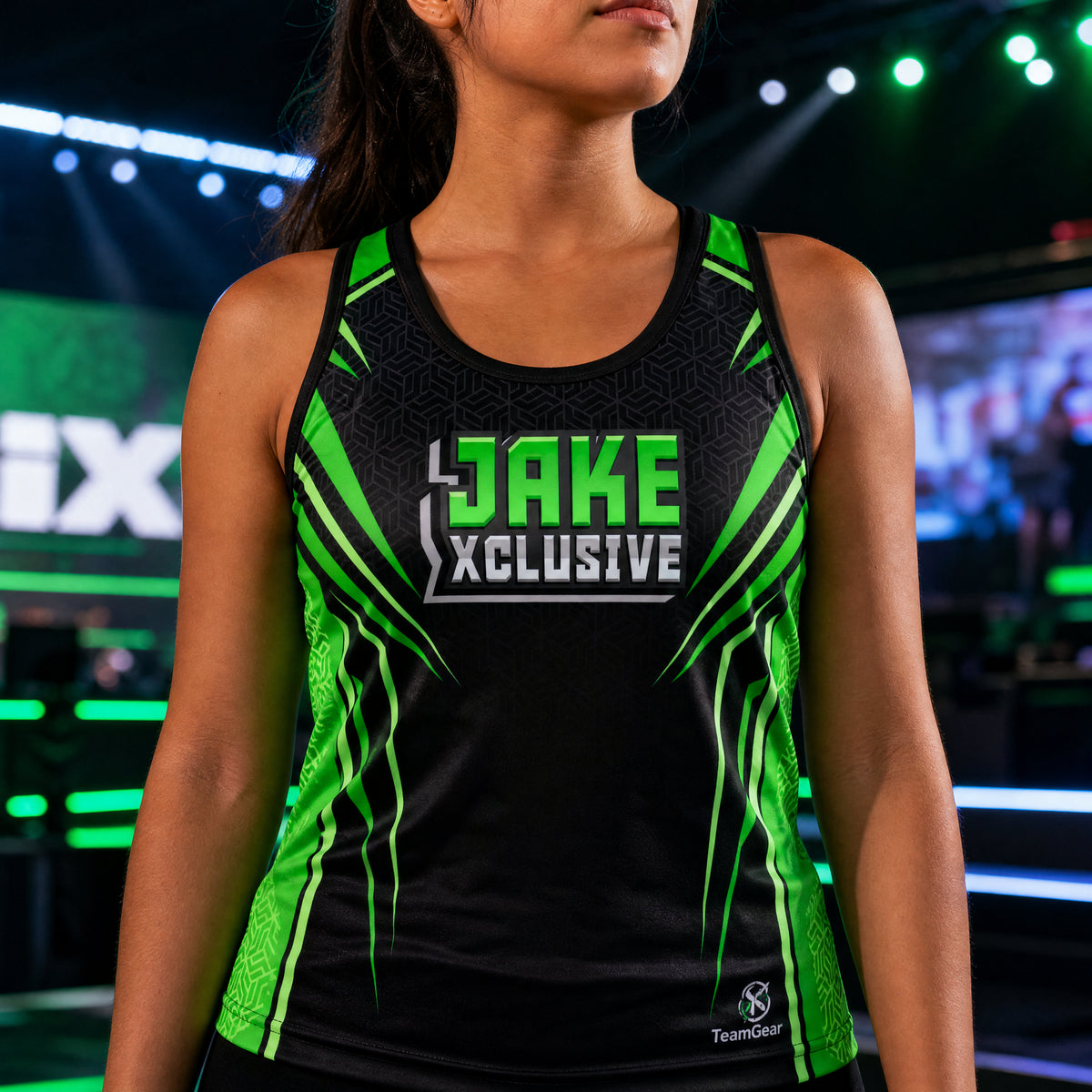 JakeXclusive Sports Bra — custom esports team apparel worn on model — TeamGear Canada
