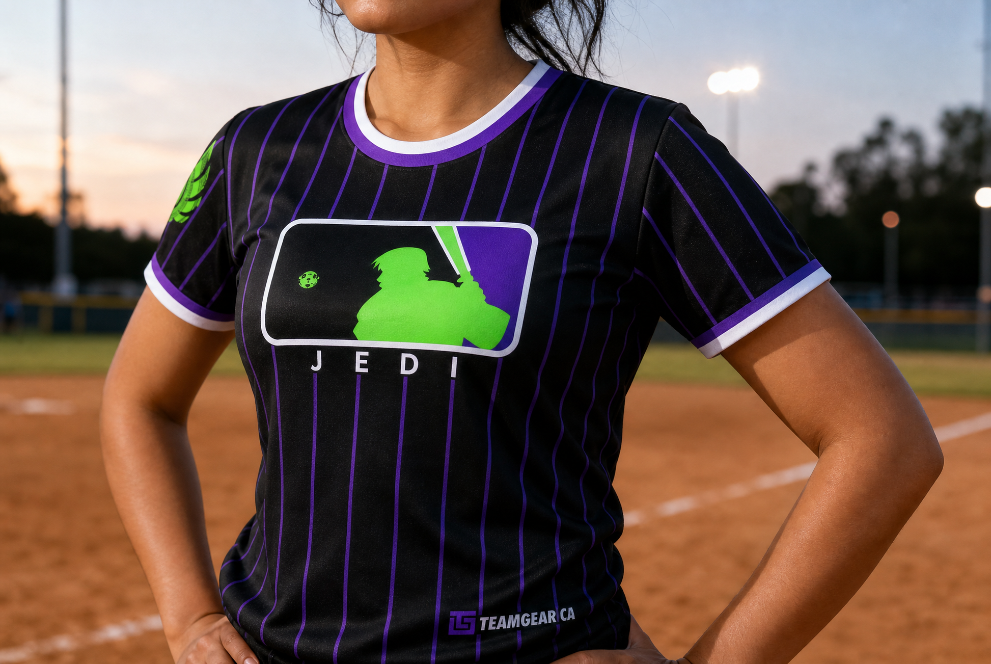 Jedi Bat Trix Black Pinstripe Softball Jersey — custom softball jersey worn on model — TeamGear Canada