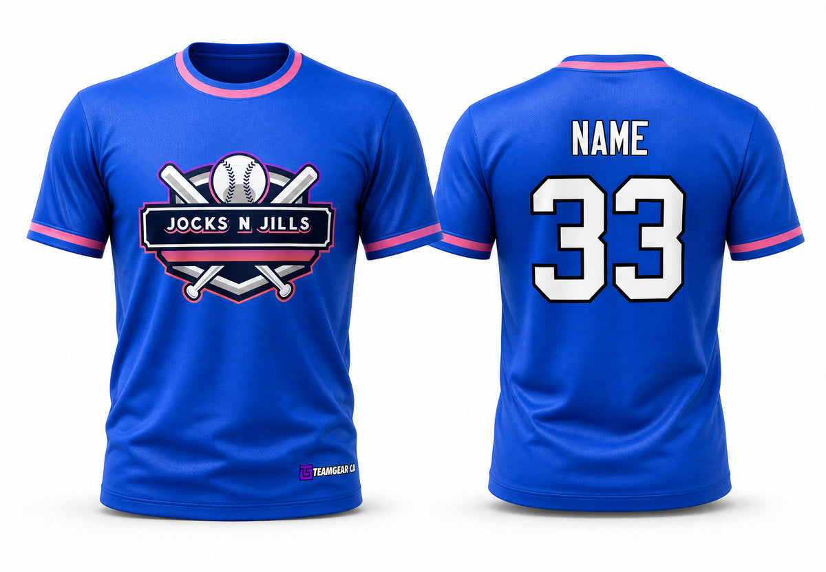 Jocks and Jills Blue Softball Jersey - front and back view
