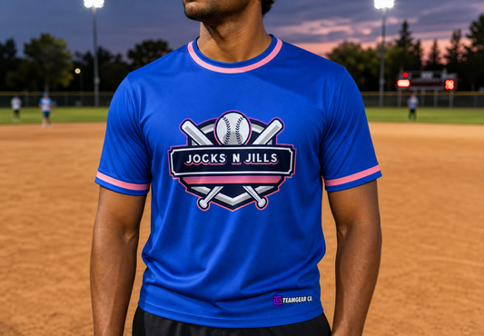 Jocks and Jills Blue Softball Jersey — custom softball jersey worn on model — TeamGear Canada