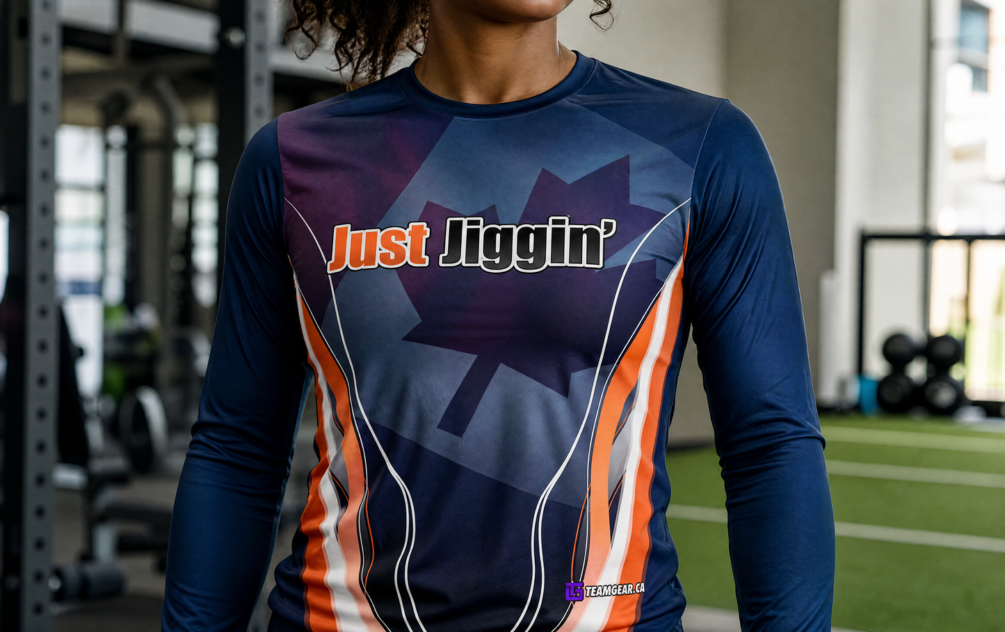 Just Jiggin' Canadian Fishing Jersey — custom jersey worn on model — TeamGear Canada