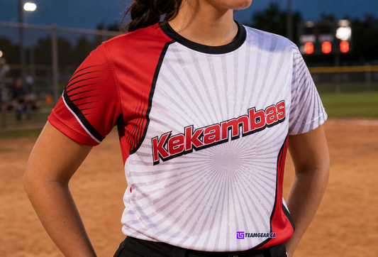 Kekambas Red Softball Jersey — custom softball jersey worn on model — TeamGear Canada