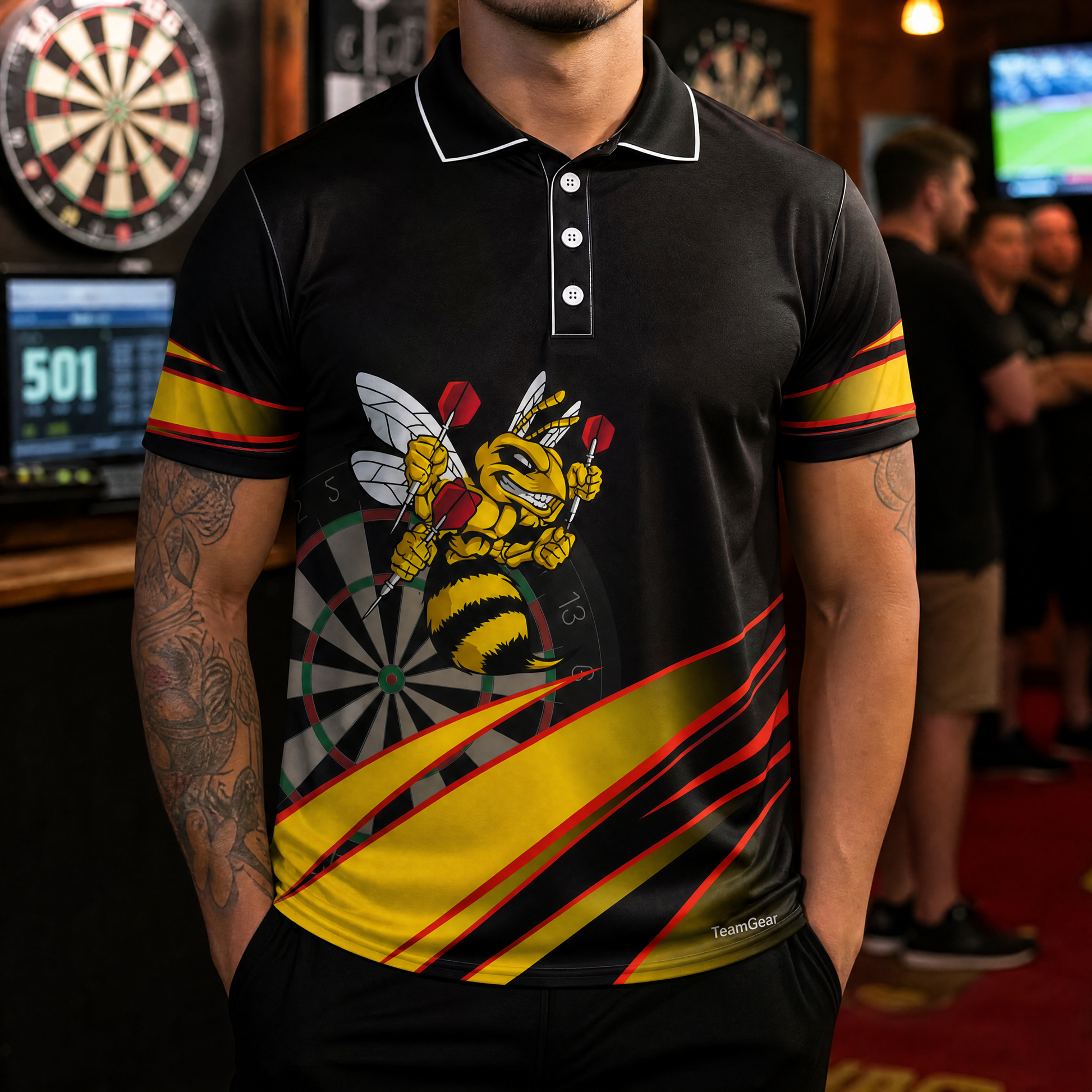 Killer Bee Darts Jersey — custom darts jersey worn on model — TeamGear Canada