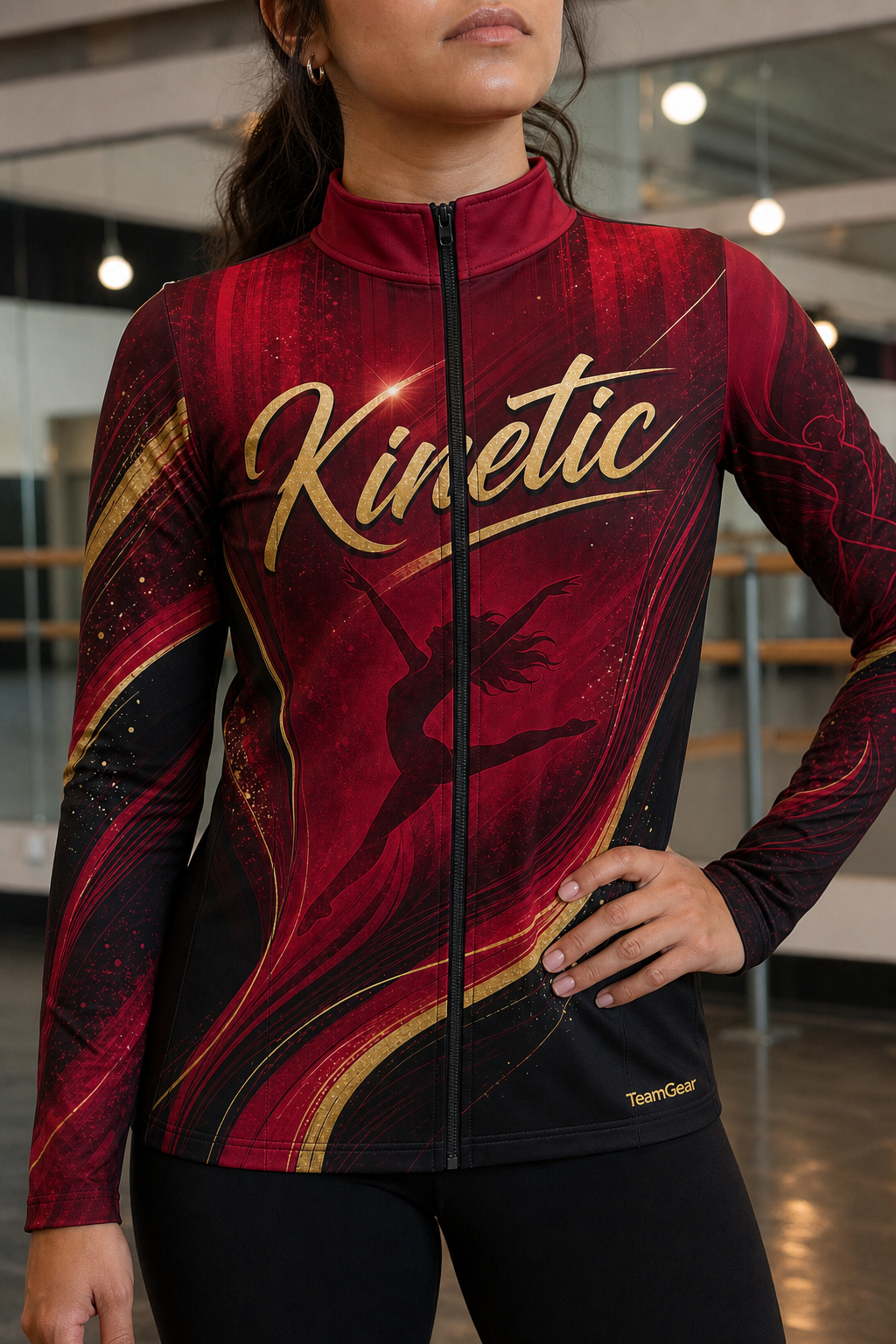 Kinetic Crimson Dance Jacket — custom dance jacket worn on model — TeamGear Canada