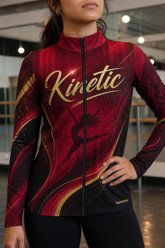 Kinetic Crimson Dance Jacket — custom dance jacket worn on model — TeamGear Canada