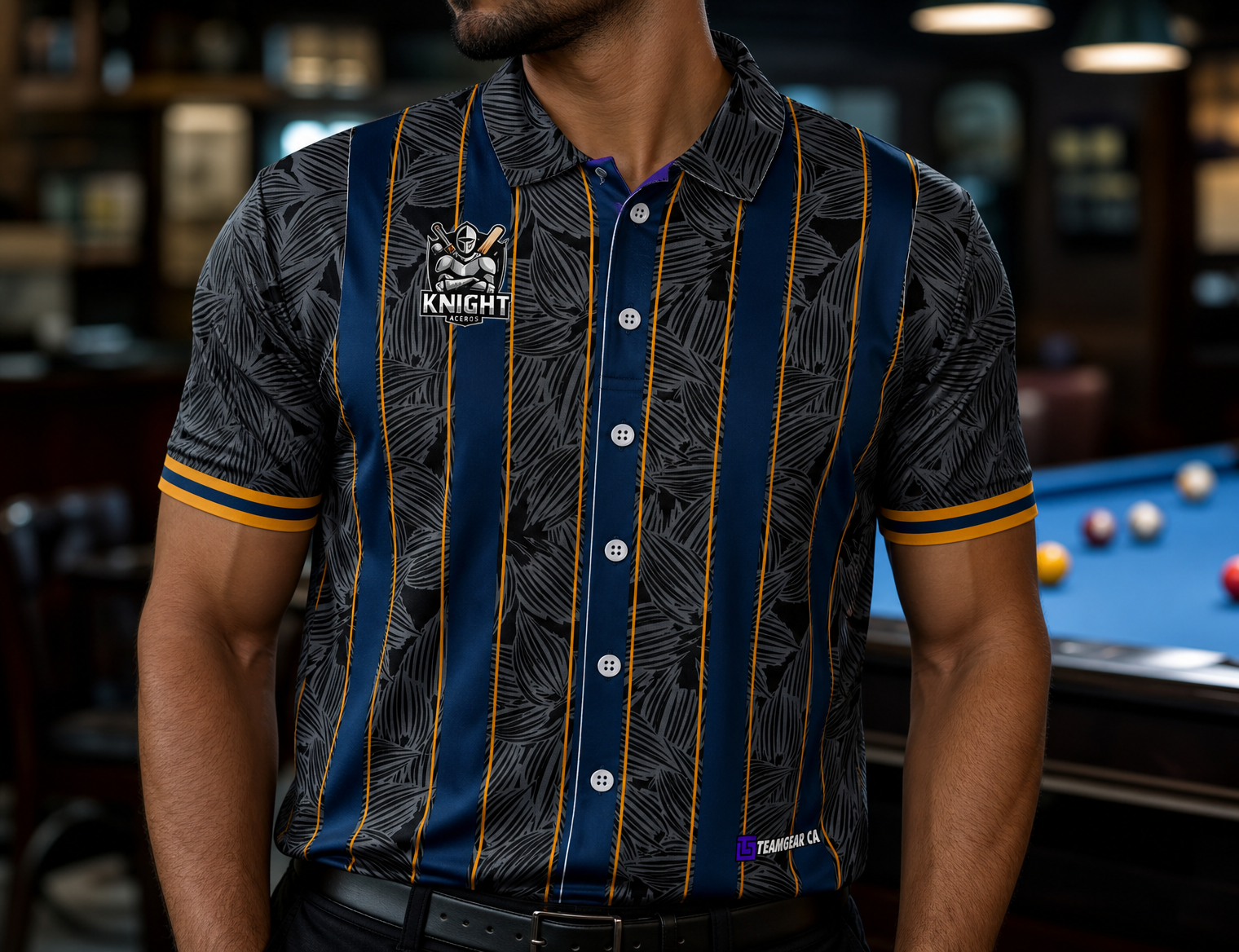 Knight Agents Pool Billiards Jersey — custom billiards jersey worn on model — TeamGear Canada