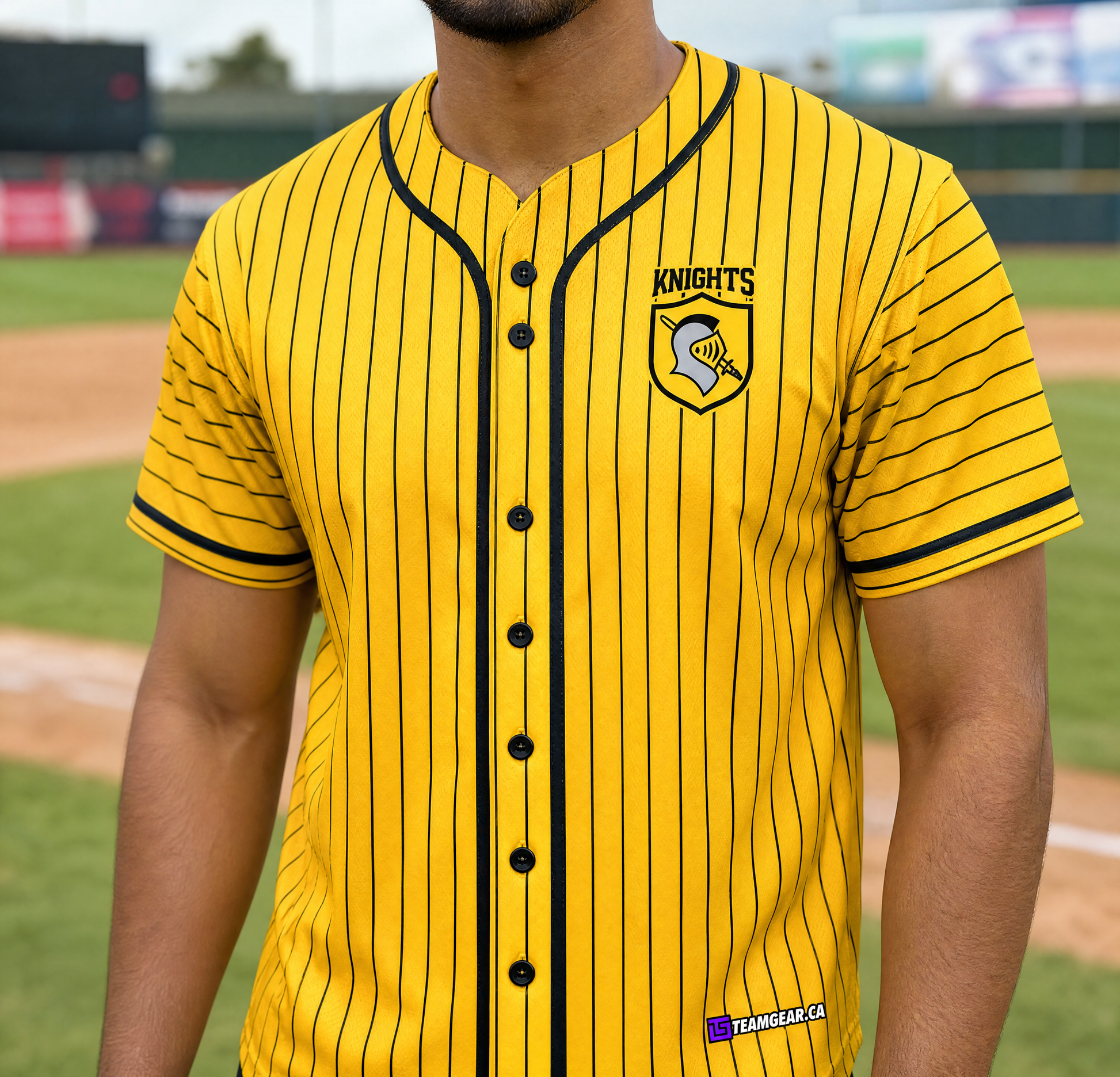 Knights Yellow Baseball Jersey Full Button — custom baseball jersey worn on model — TeamGear Canada