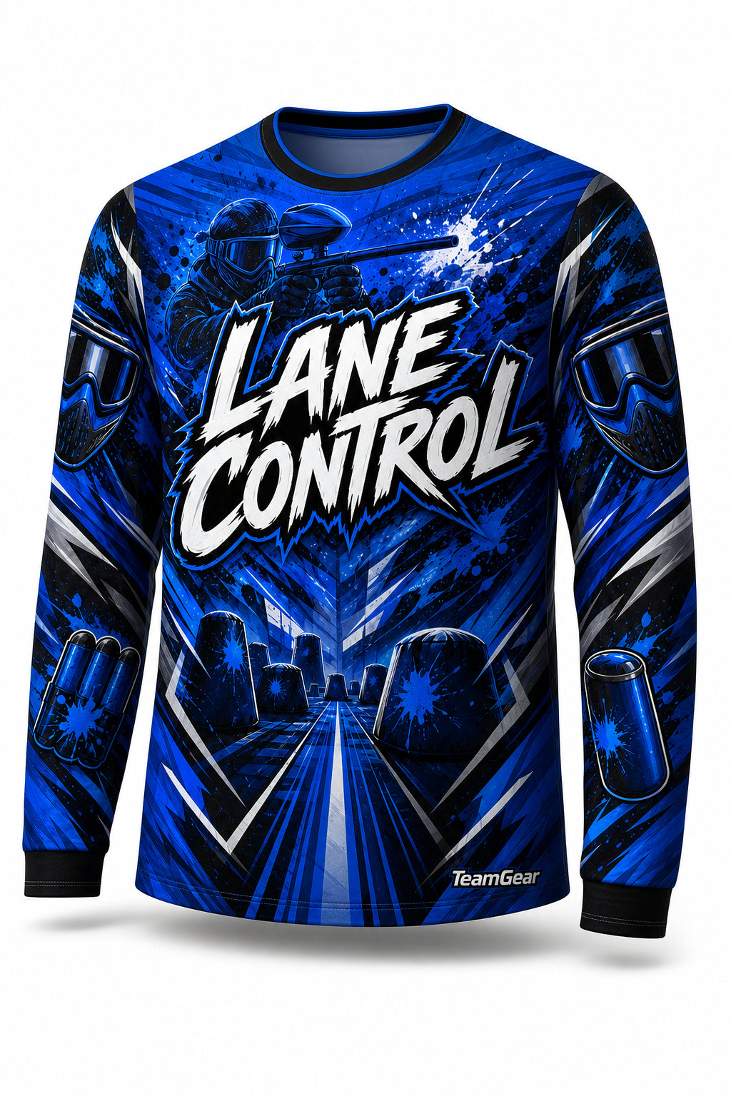 Lane Control Blue Long Sleeve Paintball Jersey - front and back view