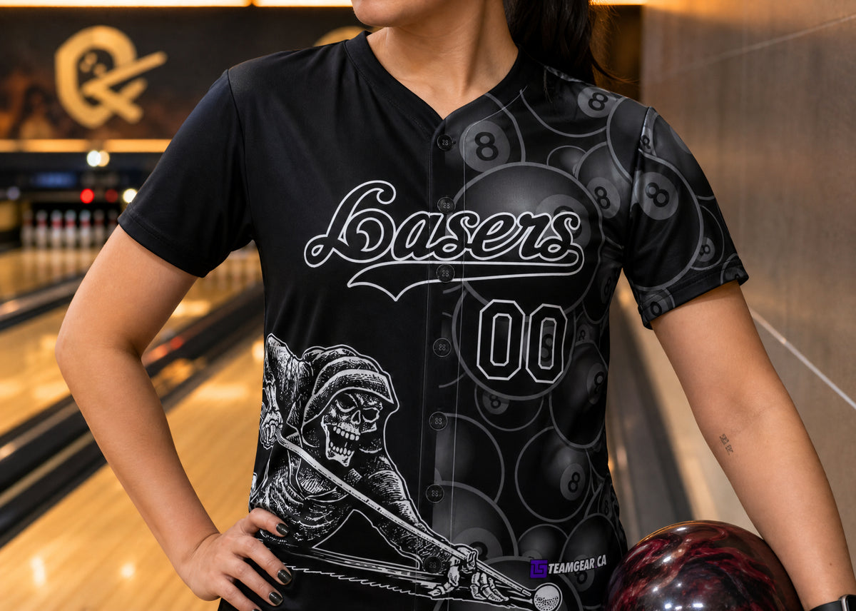 Lasers Black Bowling Jersey — custom bowling jersey worn on model — TeamGear Canada
