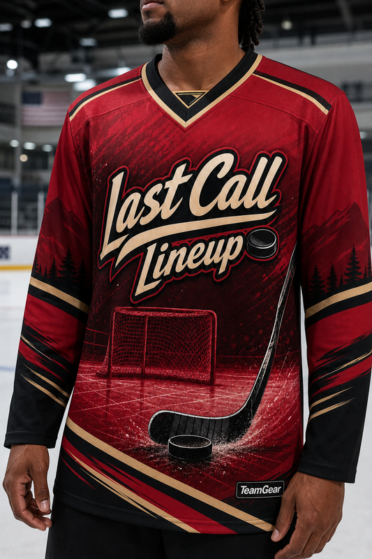 Last Call Lineup Crimson Hockey Jersey — custom hockey jersey worn on model — TeamGear Canada