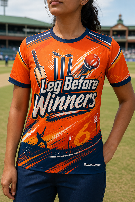 Leg Before Winners Orange Cricket Jersey — custom cricket jersey worn on model — TeamGear Canada