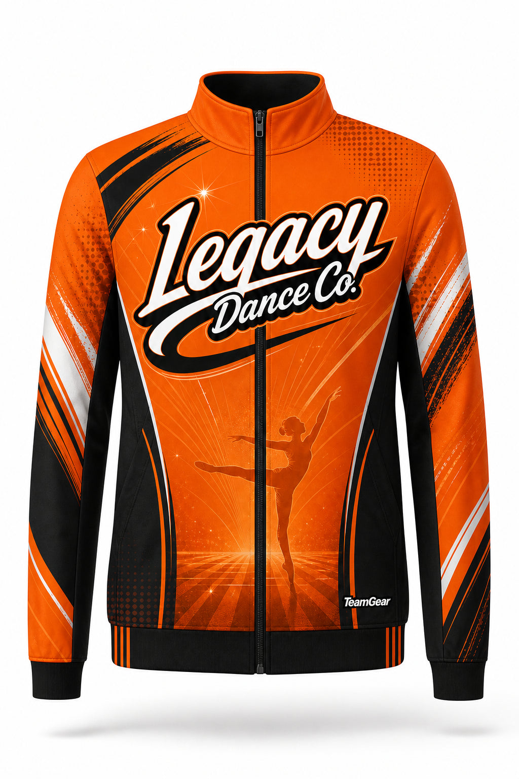 Legacy Dance Co. Orange Dance Jacket - front and back view