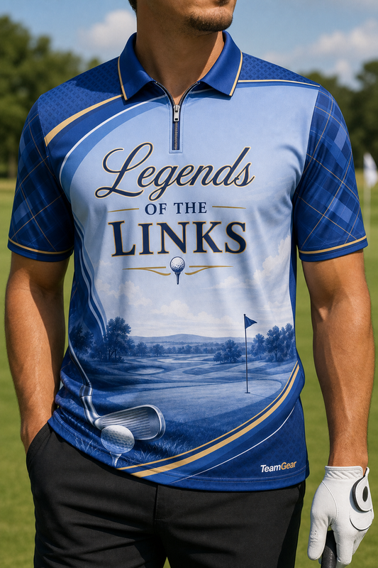Legends of the Links Blue Golf Polo — custom golf team apparel worn on model — TeamGear Canada