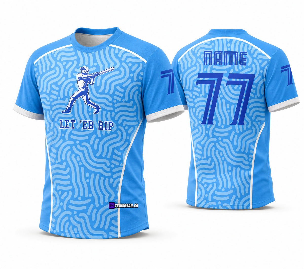 Let Er Rip Blue Softball Jersey - front and back view
