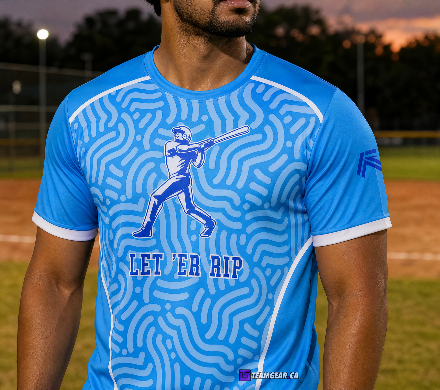 Let Er Rip Blue Softball Jersey — custom softball jersey worn on model — TeamGear Canada