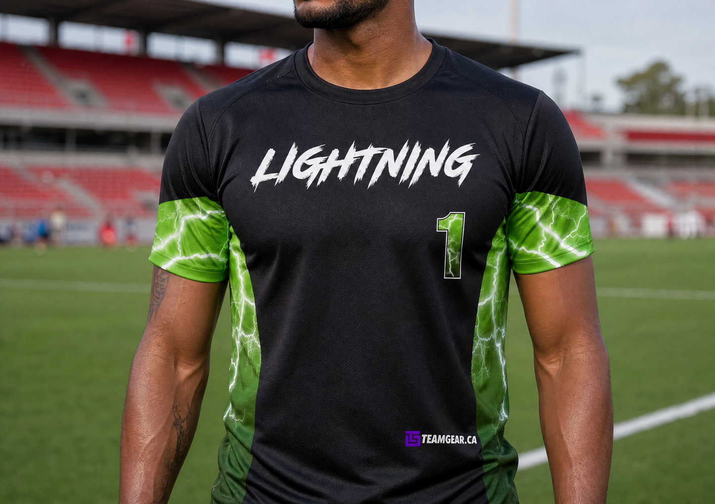 Lightning Green Soccer Jersey — custom soccer jersey worn on model — TeamGear Canada