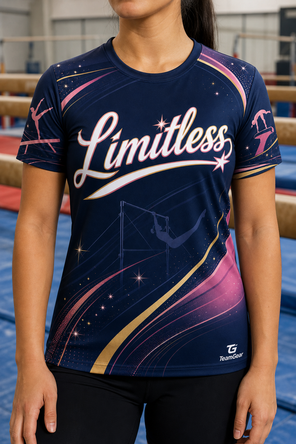 Limitless Navy Gymnastics Jersey — custom gymnastics jersey worn on model — TeamGear Canada