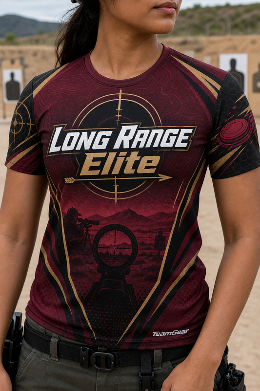 Long Range Elite Maroon Shooting Jersey — custom shooting jersey worn on model — TeamGear Canada