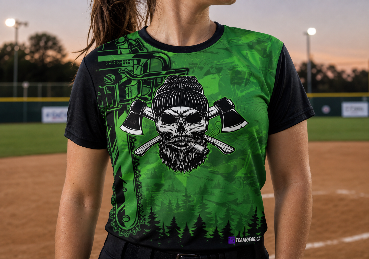Lumberjacks Green Softball Jersey — custom softball jersey worn on model — TeamGear Canada