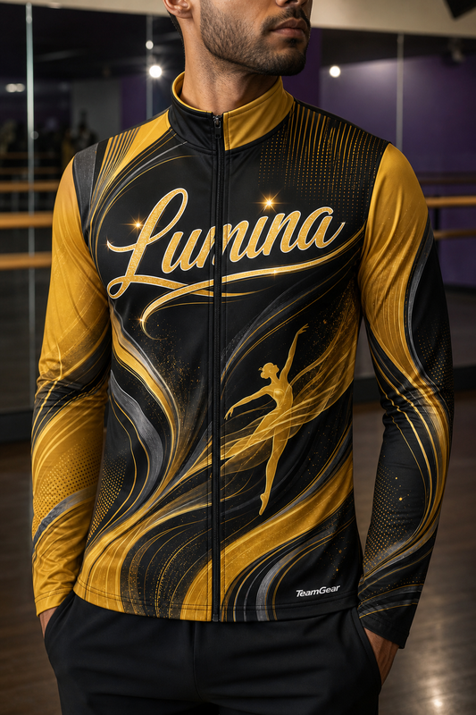 Lumina Gold Dance Jacket — custom dance jacket worn on model — TeamGear Canada