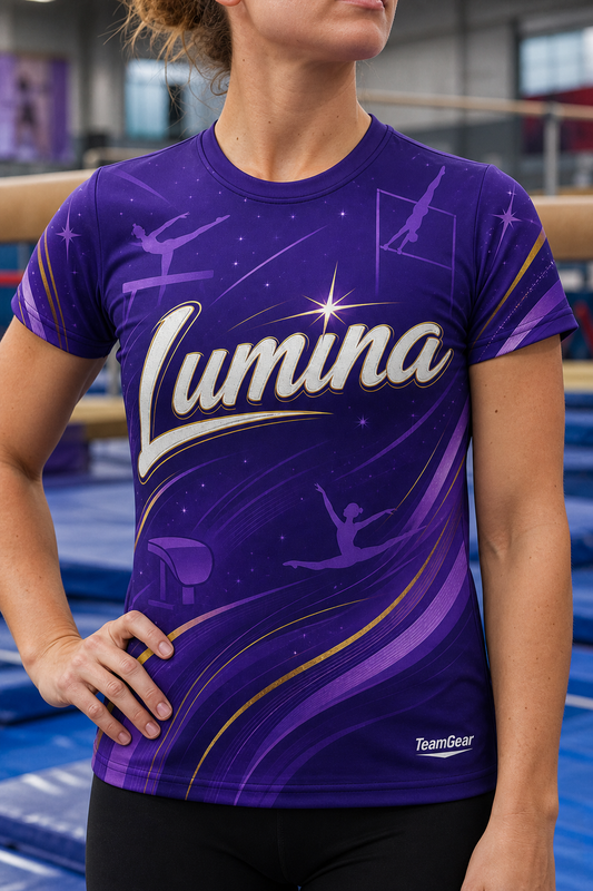 Lumina Purple Gymnastics Jersey — custom gymnastics jersey worn on model — TeamGear Canada