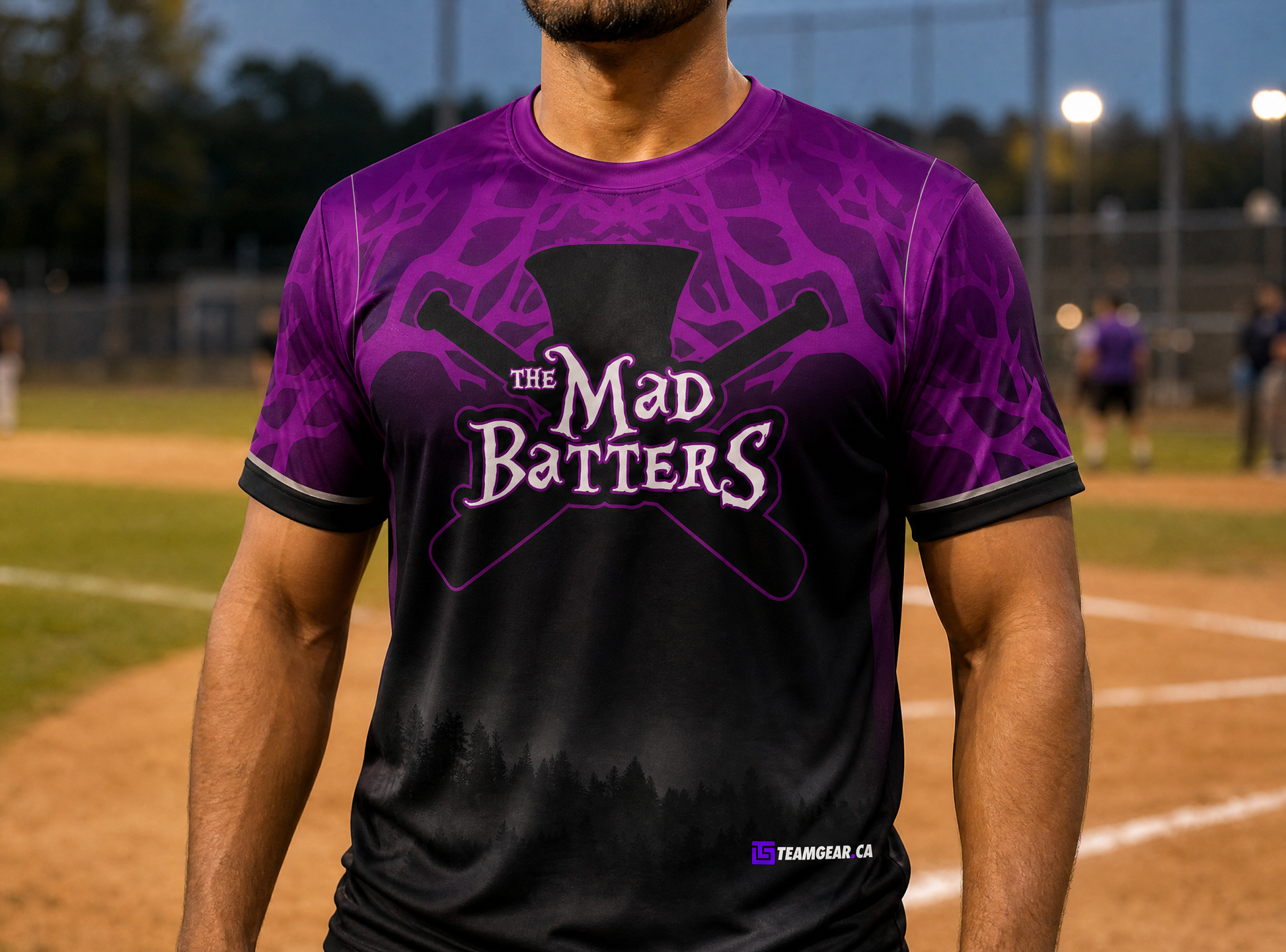 Mad Batters Purple Softball Jersey — custom softball jersey worn on model — TeamGear Canada