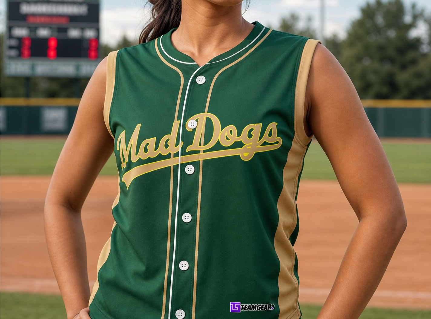 Mad Dogs Green Baseball Jersey Full Button — custom baseball jersey worn on model — TeamGear Canada