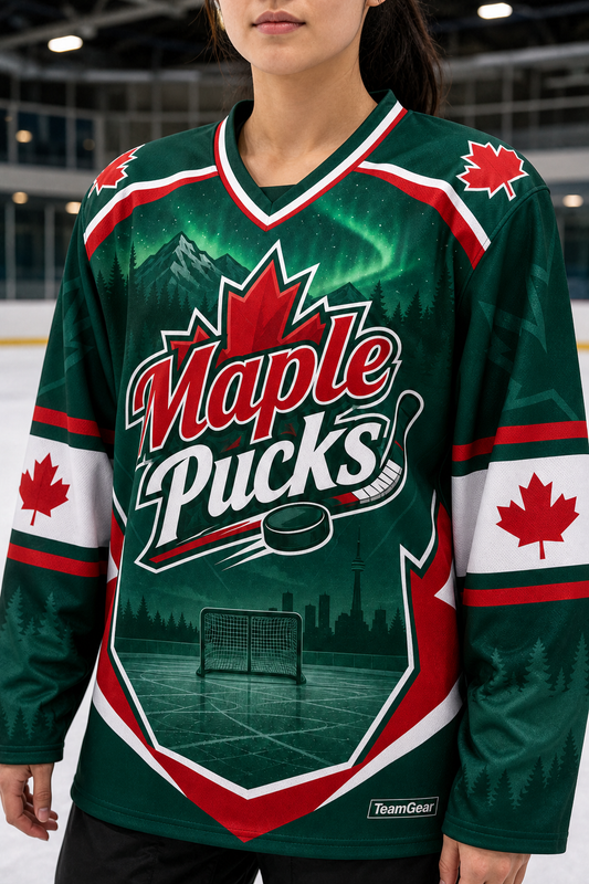 Maple Pucks Green Hockey Jersey — custom hockey jersey worn on model — TeamGear Canada