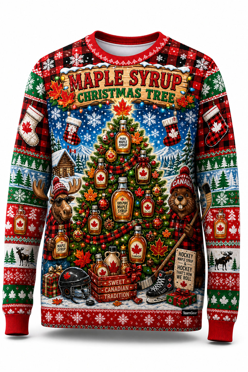 Maple Syrup Christmas Tree Ugly Christmas Sweater - front and back view