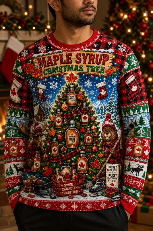 Maple Syrup Christmas Tree Ugly Christmas Sweater — custom christmas team apparel worn on model — TeamGear Canada