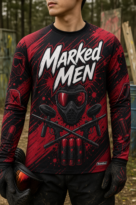 Marked Men Crimson Long Sleeve Paintball Jersey — custom paintball jersey worn on model — TeamGear Canada
