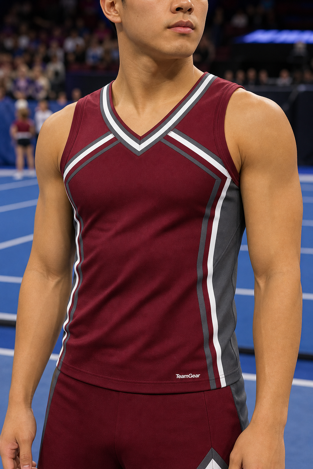 Maroon and Grey Cheerleading Uniform — custom cheerleading team apparel worn on model — TeamGear Canada