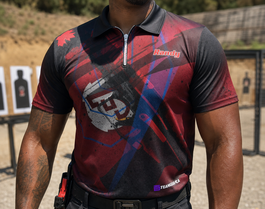 Maroon Red Shooting Jersey — custom shooting jersey worn on model — TeamGear Canada
