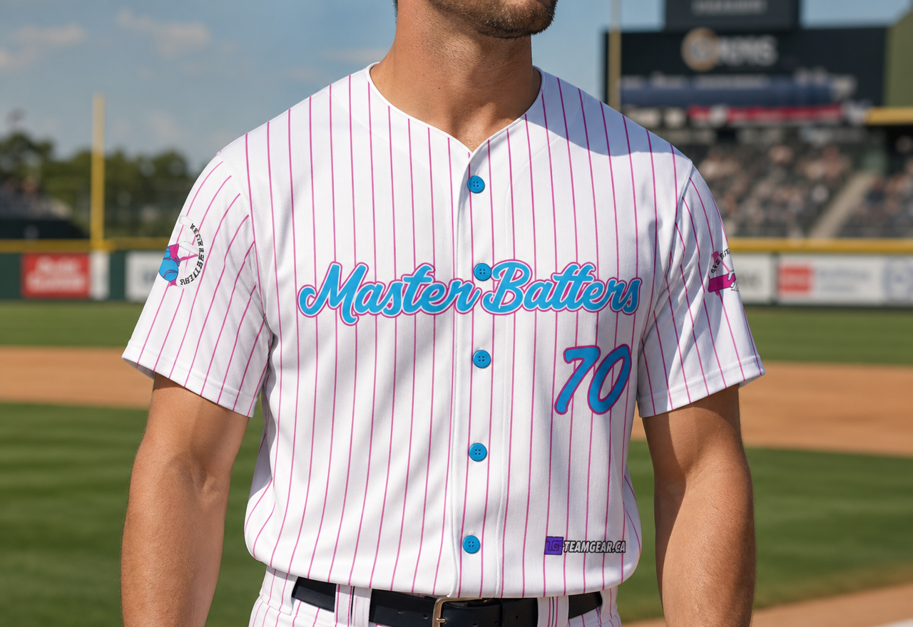 Master Batters Pink Pinstripe Baseball Jersey Full Button — custom baseball jersey worn on model — TeamGear Canada