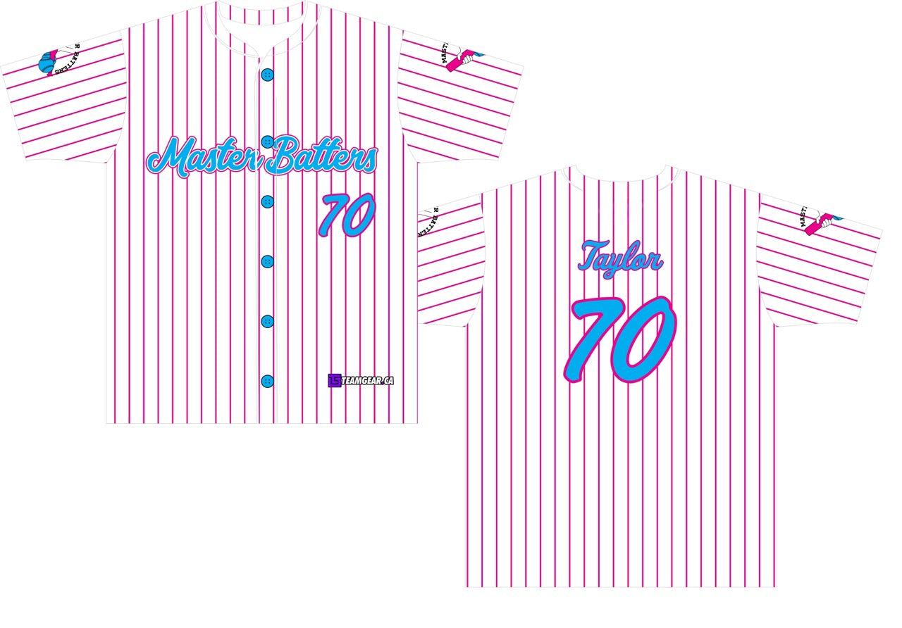 Master Batters Pink Pinstripe Baseball Jersey with custom team logo