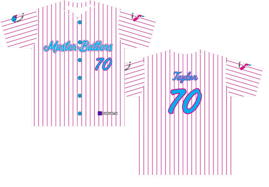 Master Batters Pink Pinstripe Baseball Jersey with custom team logo