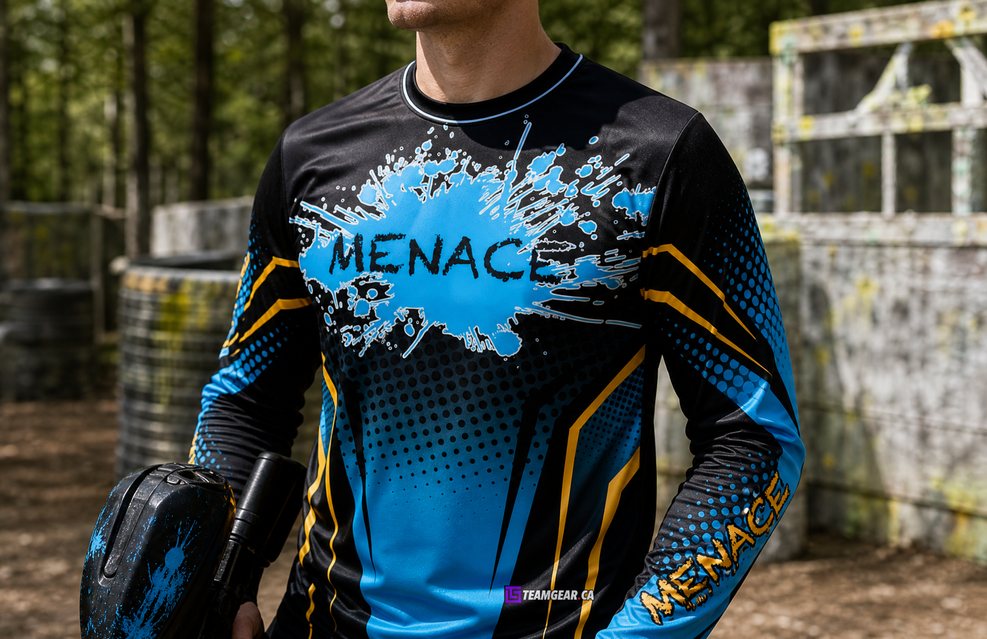 Menace Blue Paintball Jersey — custom paintball jersey worn on model — TeamGear Canada