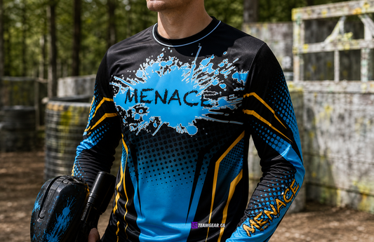 Menace Blue Paintball Jersey — custom paintball jersey worn on model — TeamGear Canada