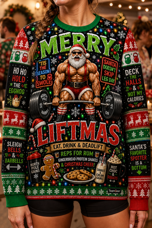 Merry Liftmas Ugly Christmas Sweater — custom christmas team apparel worn on model — TeamGear Canada