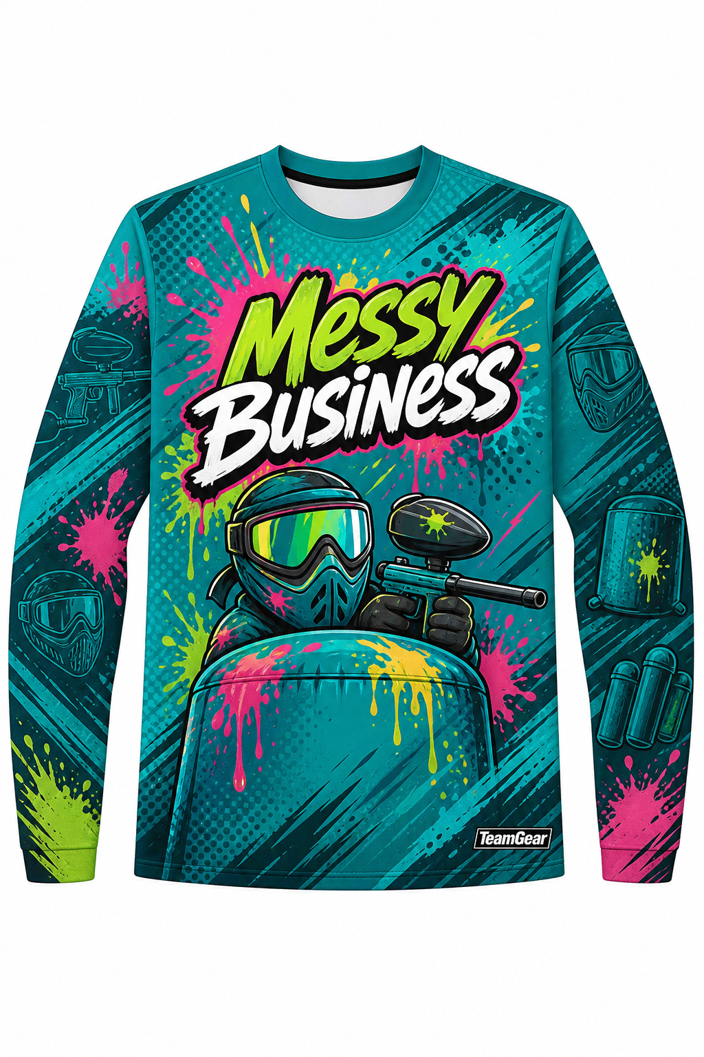 Messy Business Teal Long Sleeve Paintball Jersey design