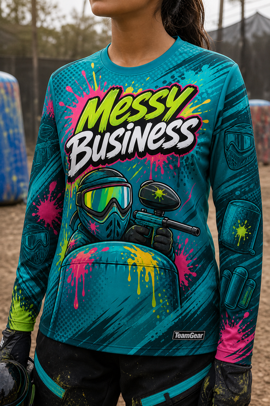 Messy Business Teal Long Sleeve Paintball Jersey — custom paintball jersey worn on model — TeamGear Canada