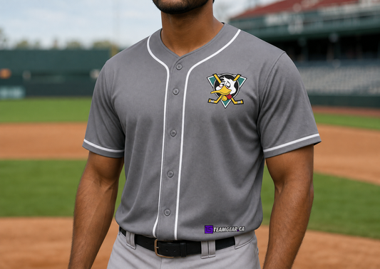 Mighty Drunks Grey Baseball Jersey — custom baseball jersey worn on model — TeamGear Canada